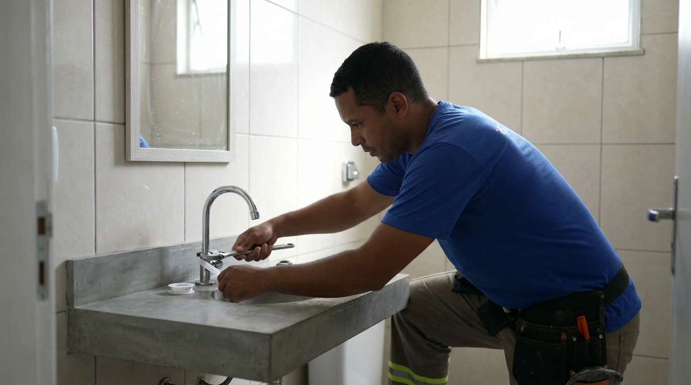 Encanador instalando torneira em Jundiaí‑SP