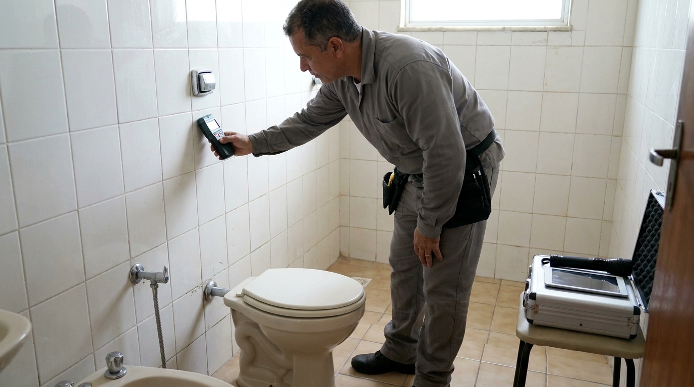 Técnico de caça vazamento analisando tubulação em Jundiaí‑SP