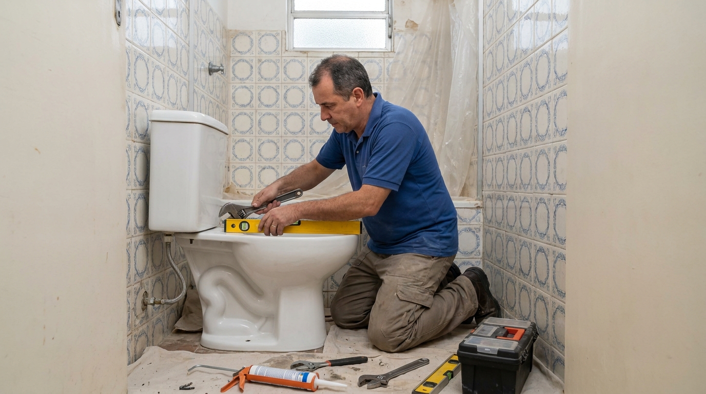 Técnico instalando vaso sanitário em Jundiaí‑SP